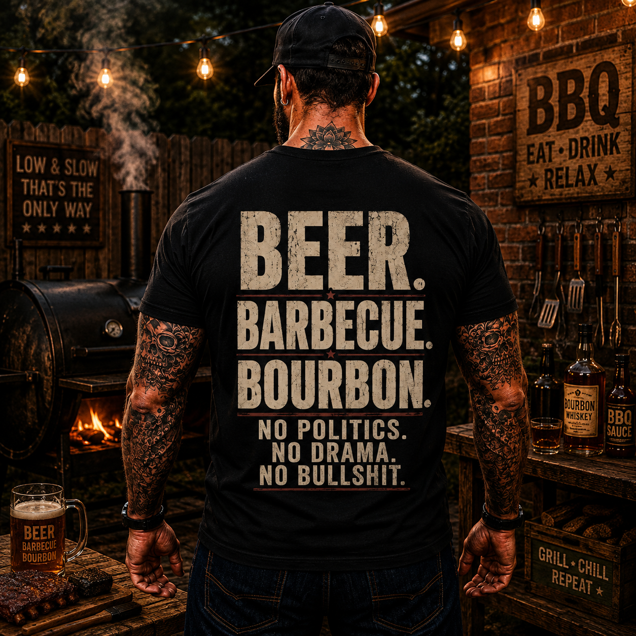 Beer Barbecue Bourbon Shirt Funny BBQ Graphic Tee Pitmaster Grill Master Gift For Men