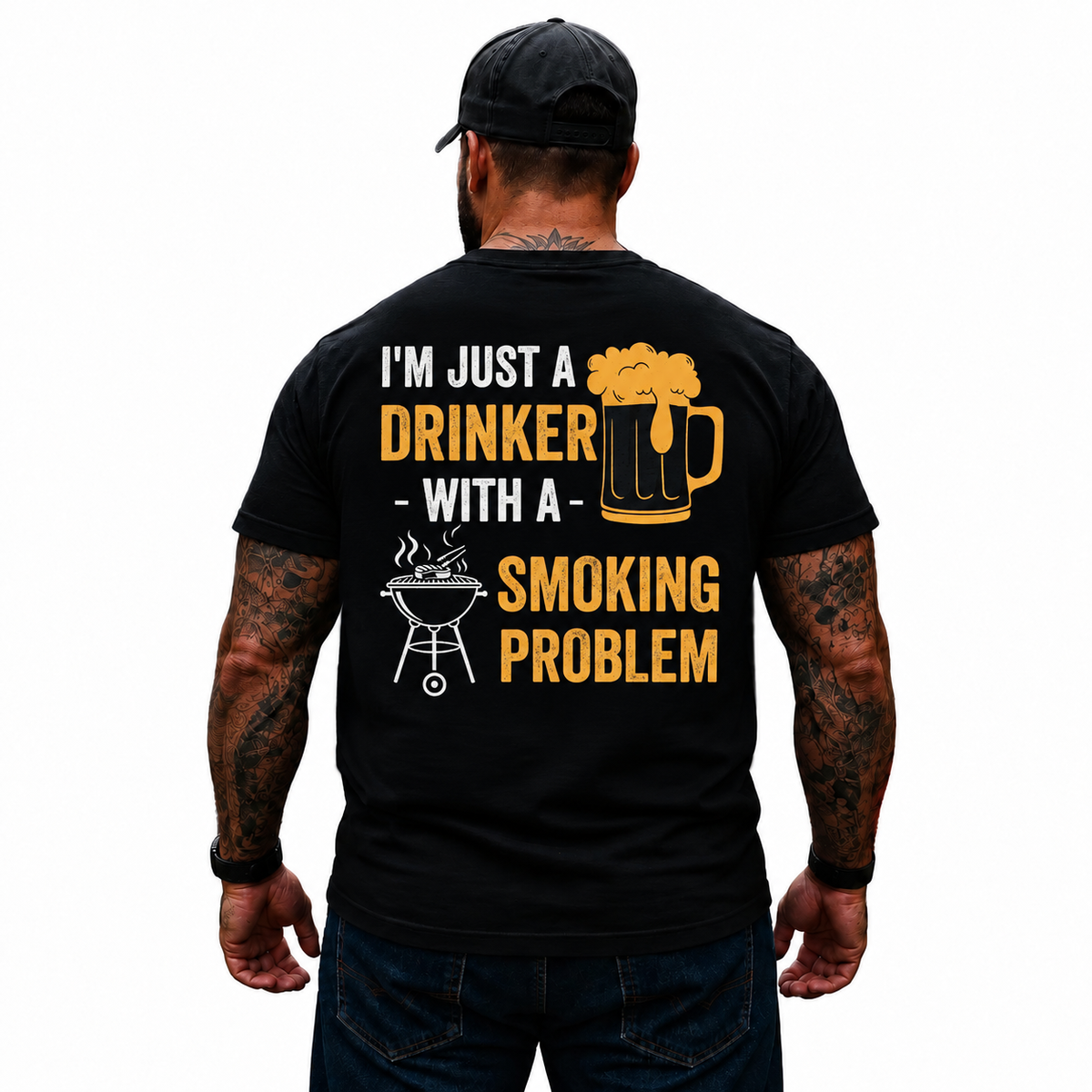 I’m Just A Drinker With A Smoking Problem Shirt Funny BBQ Beer Drinking Graphic Tee for Men