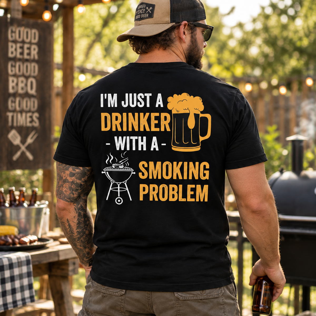 I’m Just A Drinker With A Smoking Problem Shirt Funny BBQ Beer Drinking Graphic Tee for Men