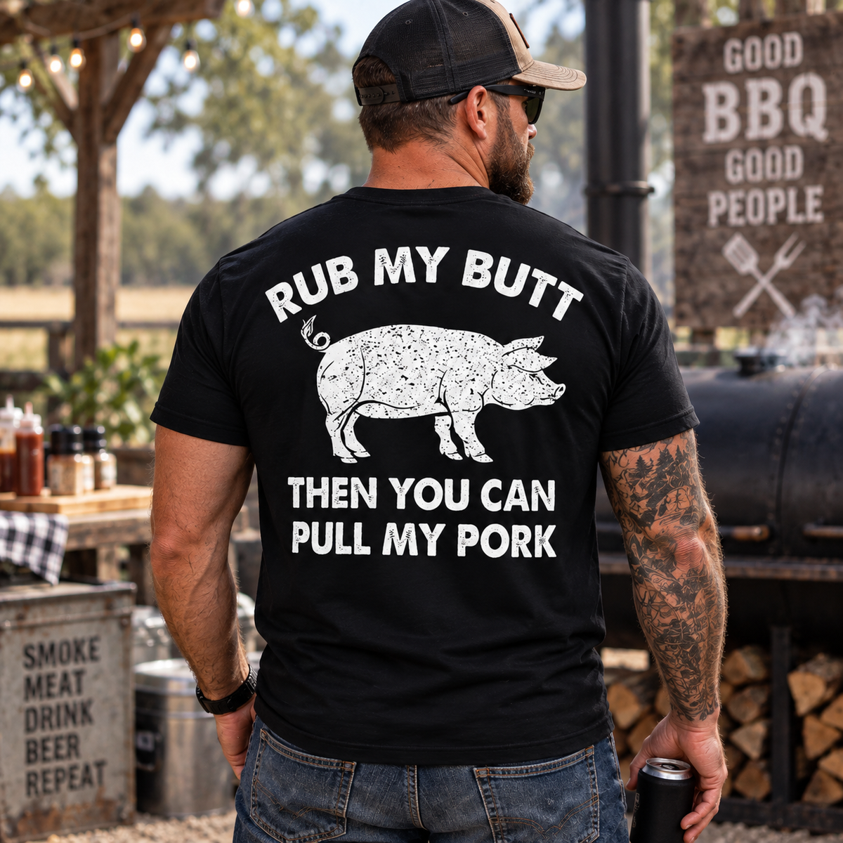 Rub My Butt Then You Can Pull My Pork Shirt Funny BBQ Pig Graphic Tee for Men Grilling Gift