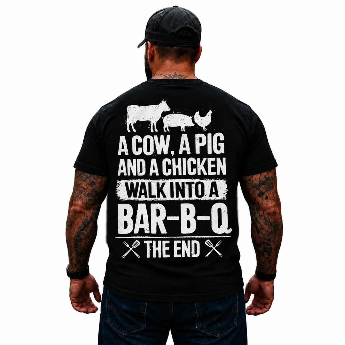 A Cow A Pig And A Chicken Walk Into A Bar-B-Q Shirt Funny BBQ Grill Meat Lover Graphic Tee for Men