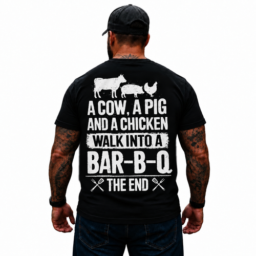 A Cow A Pig And A Chicken Walk Into A Bar-B-Q Shirt Funny BBQ Grill Meat Lover Graphic Tee for Men