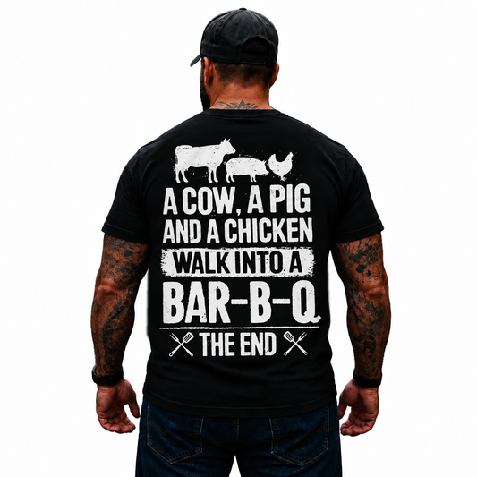 A Cow A Pig And A Chicken Walk Into A Bar-B-Q Shirt Funny BBQ Grill Meat Lover Graphic Tee for Men