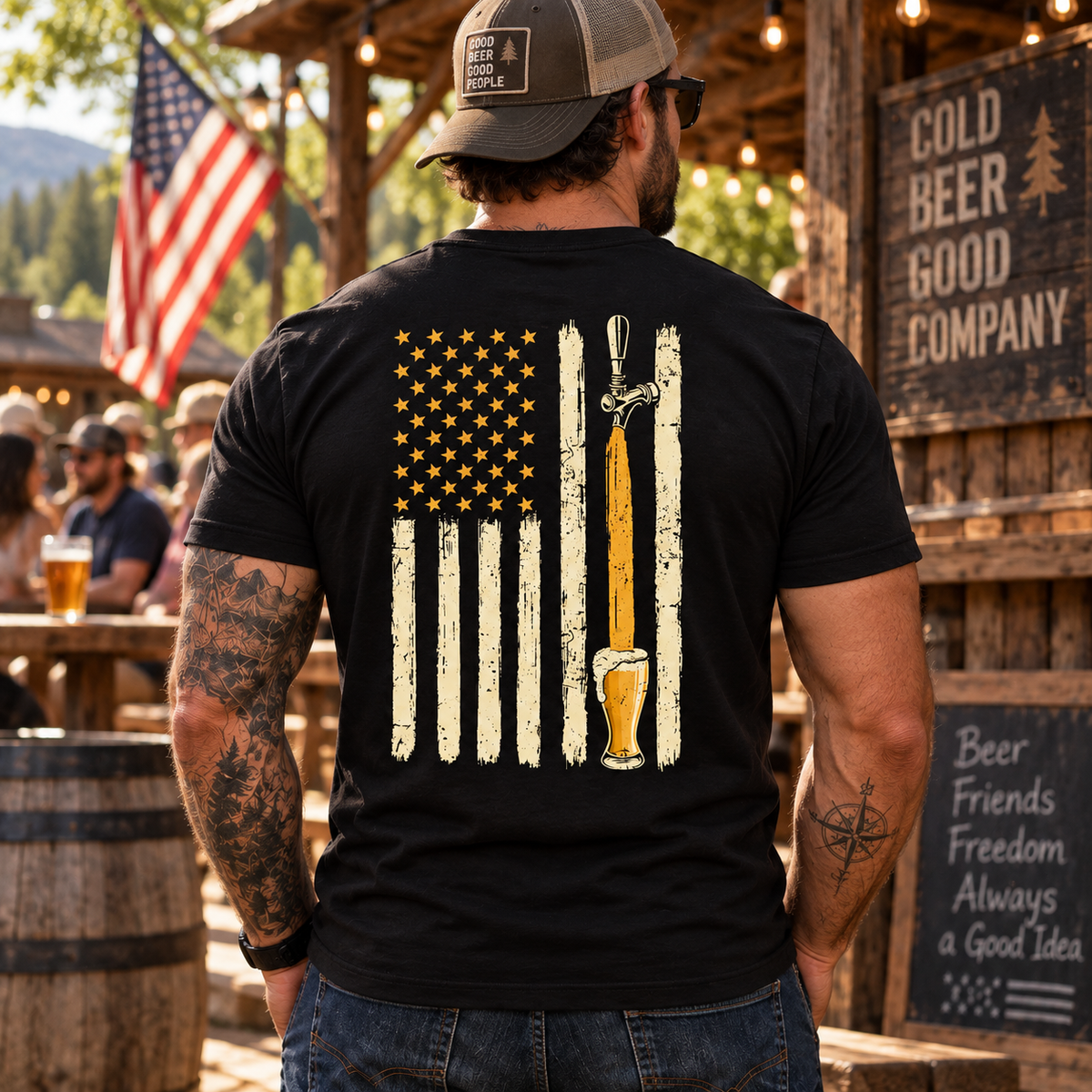 Beer Tap American Flag Shirt Funny Patriotic Beer Lover Graphic Tee Gift for Men