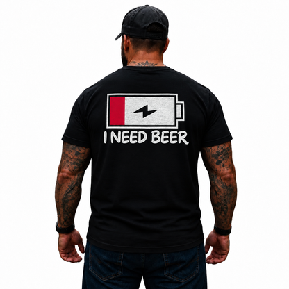 I Need Beer Low Battery Shirt Funny Drinking Graphic Tee for Men Beer Lover Gift