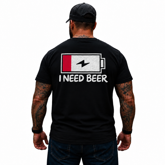 I Need Beer Low Battery Shirt Funny Drinking Graphic Tee for Men Beer Lover Gift
