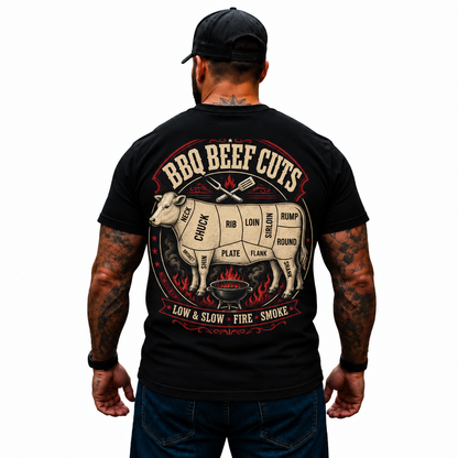 BBQ Beef Cuts Shirt Low and Slow Fire Smoke Cow Butcher Diagram Grilling Pitmaster Graphic Tee for Men