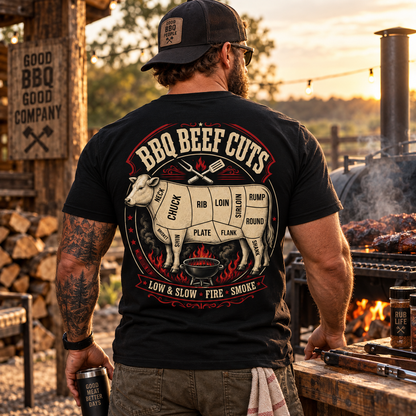 BBQ Beef Cuts Shirt Low and Slow Fire Smoke Cow Butcher Diagram Grilling Pitmaster Graphic Tee for Men