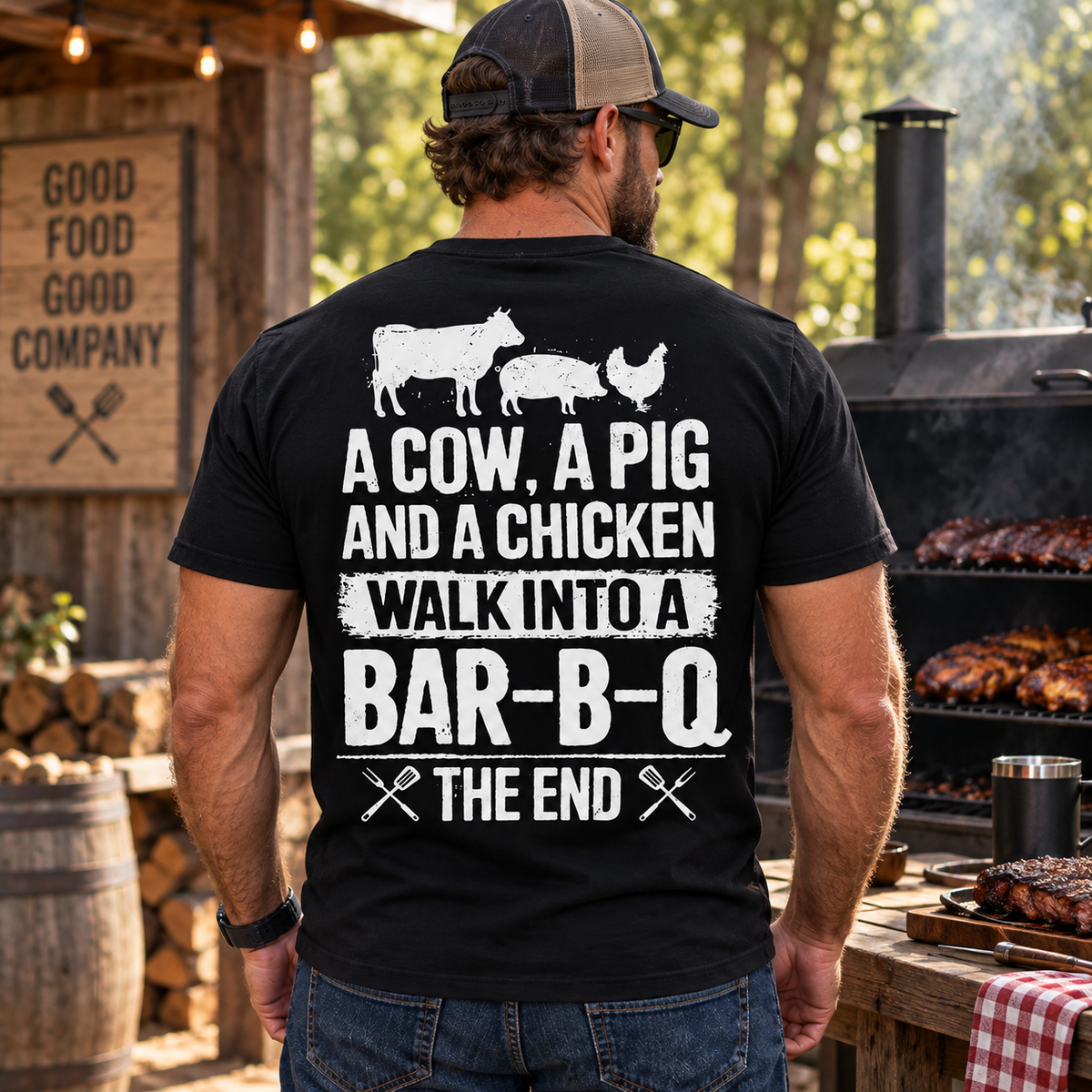 A Cow A Pig And A Chicken Walk Into A Bar-B-Q Shirt Funny BBQ Grill Meat Lover Graphic Tee for Men