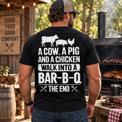 A Cow A Pig And A Chicken Walk Into A Bar-B-Q Shirt Funny BBQ Grill Meat Lover Graphic Tee for Men