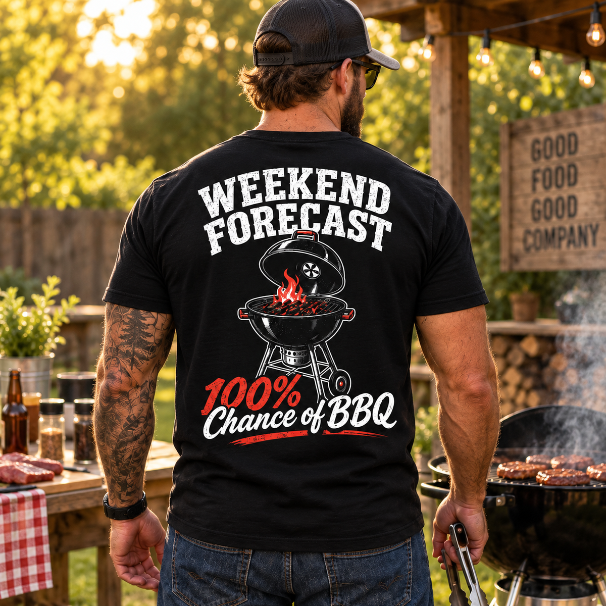 Weekend Forecast 100% Chance of BBQ Shirt Funny Grilling Barbecue Pitmaster Graphic Tee Gift for Men