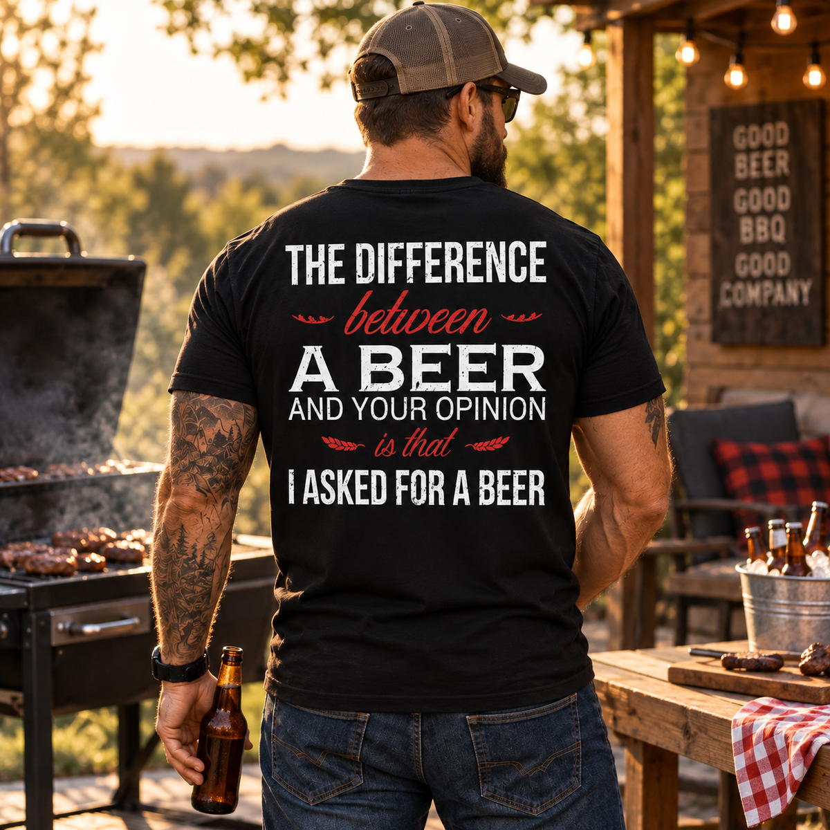 The Difference Between A Beer And Your Opinion Shirt Funny Beer Humor Graphic Tee for Men Drinking Gift