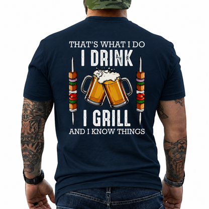I Drink I Grill And I Know Things Shirt Funny Shish Kebab BBQ Graphic Tee Gift For Men