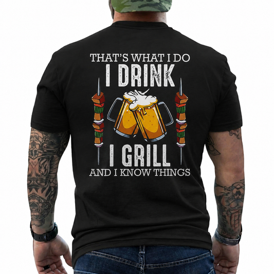 I Drink I Grill And I Know Things Shirt Funny Shish Kebab BBQ Graphic Tee Gift For Men
