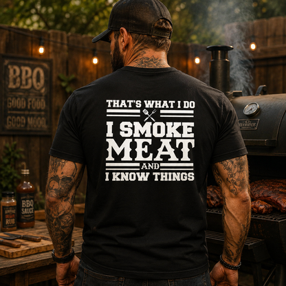 I Smoke Meat And I Know Things Shirt Funny BBQ Pitmaster Graphic Tee Gift For Men