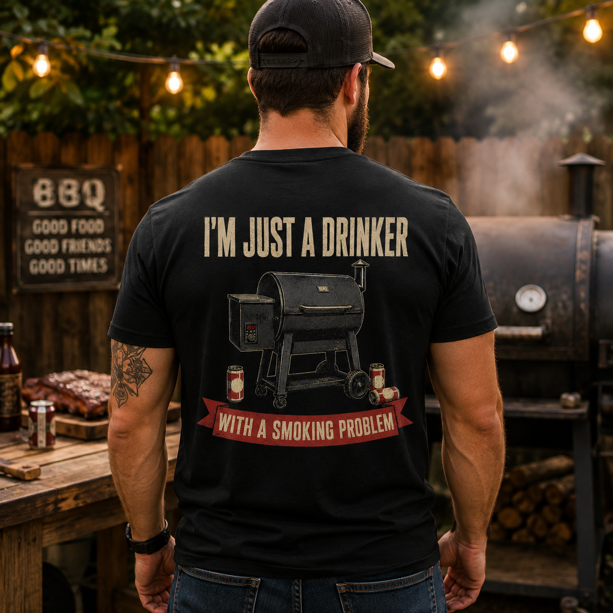 Im Just A Drinker With A Smoking Problem Shirt Funny BBQ Graphic Tee Gift For Men