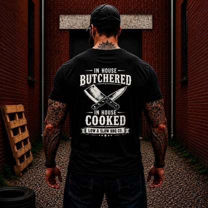 In House Butchered In House Cooked Shirt Funny BBQ Pitmaster Graphic Tee Gift For Men