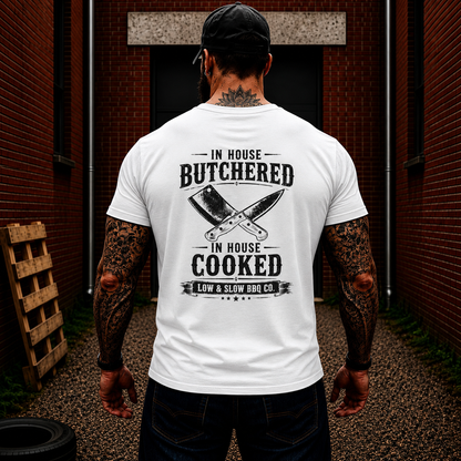 In House Butchered In House Cooked Shirt Funny BBQ Pitmaster Graphic Tee Gift For Men