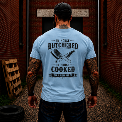 In House Butchered In House Cooked Shirt Funny BBQ Pitmaster Graphic Tee Gift For Men