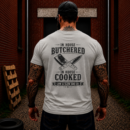 In House Butchered In House Cooked Shirt Funny BBQ Pitmaster Graphic Tee Gift For Men