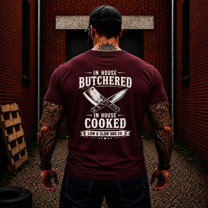 In House Butchered In House Cooked Shirt Funny BBQ Pitmaster Graphic Tee Gift For Men
