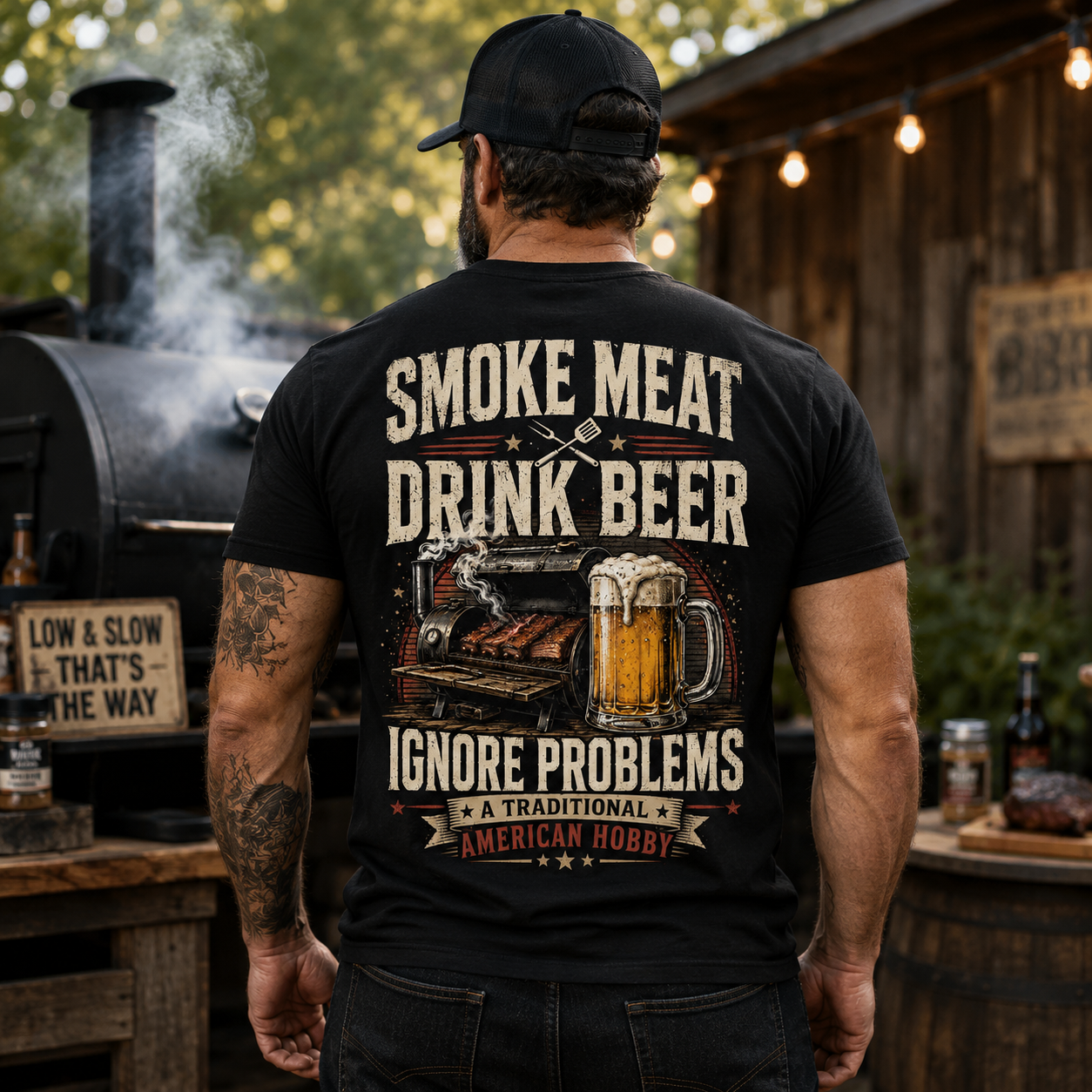 Smoke Meat Drink Beer Ignore Problems Shirt Funny BBQ Graphic Tee Gift For Men