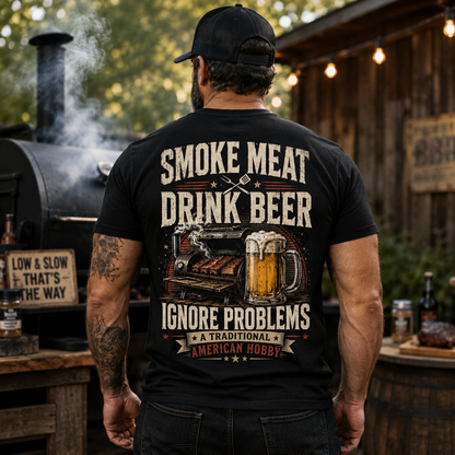 Smoke Meat Drink Beer Ignore Problems Shirt Funny BBQ Graphic Tee Gift For Men