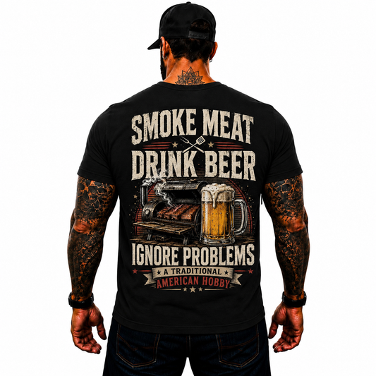 Smoke Meat Drink Beer Ignore Problems Shirt Funny BBQ Graphic Tee Gift For Men
