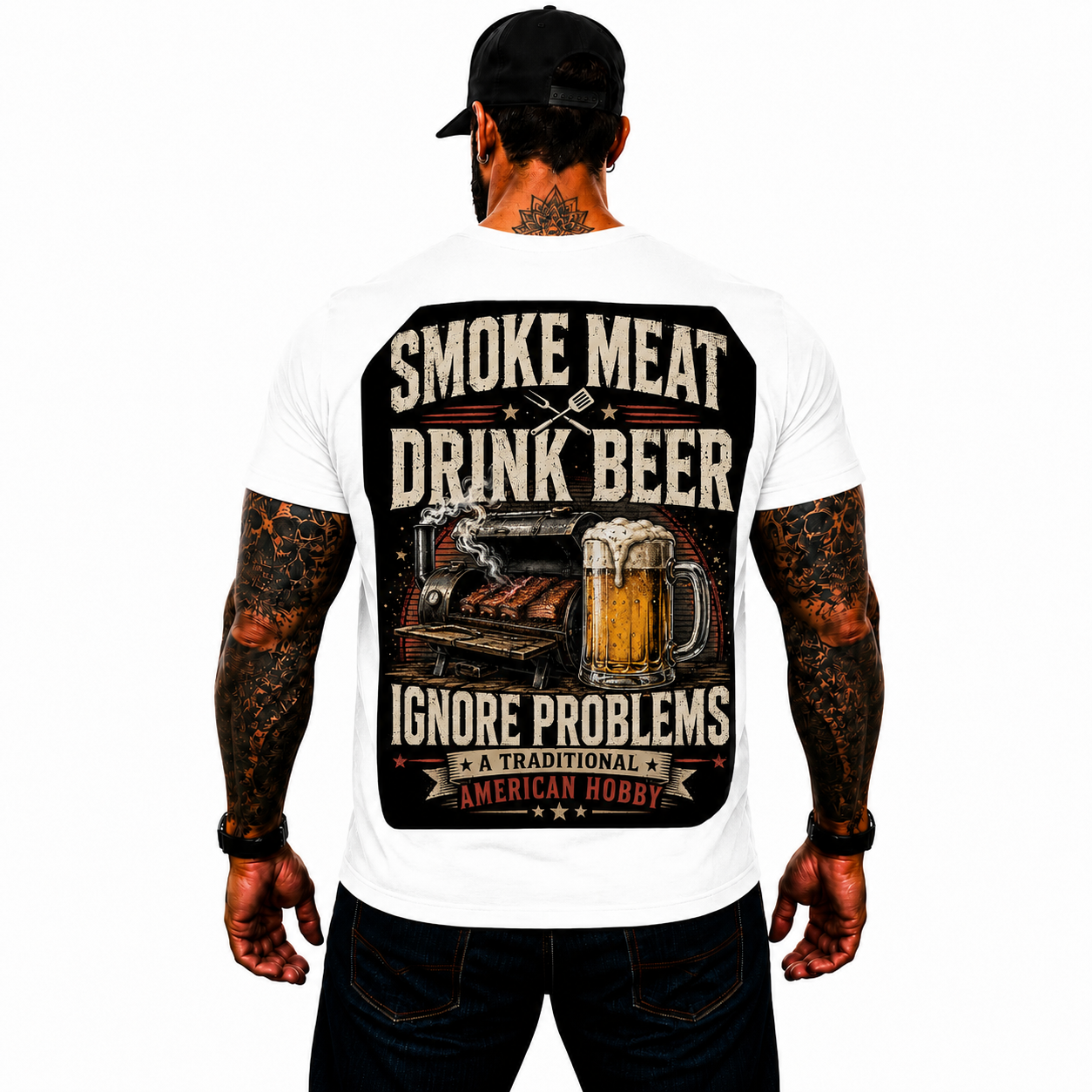 Smoke Meat Drink Beer Ignore Problems Shirt Funny BBQ Graphic Tee Gift For Men