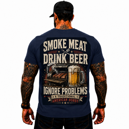 Smoke Meat Drink Beer Ignore Problems Shirt Funny BBQ Graphic Tee Gift For Men