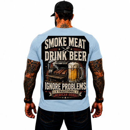 Smoke Meat Drink Beer Ignore Problems Shirt Funny BBQ Graphic Tee Gift For Men
