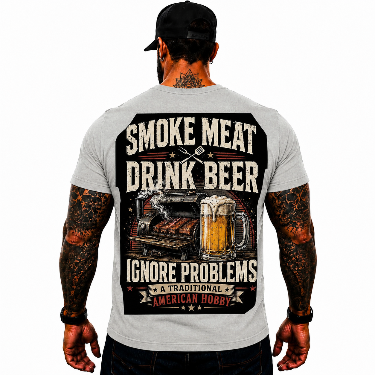 Smoke Meat Drink Beer Ignore Problems Shirt Funny BBQ Graphic Tee Gift For Men