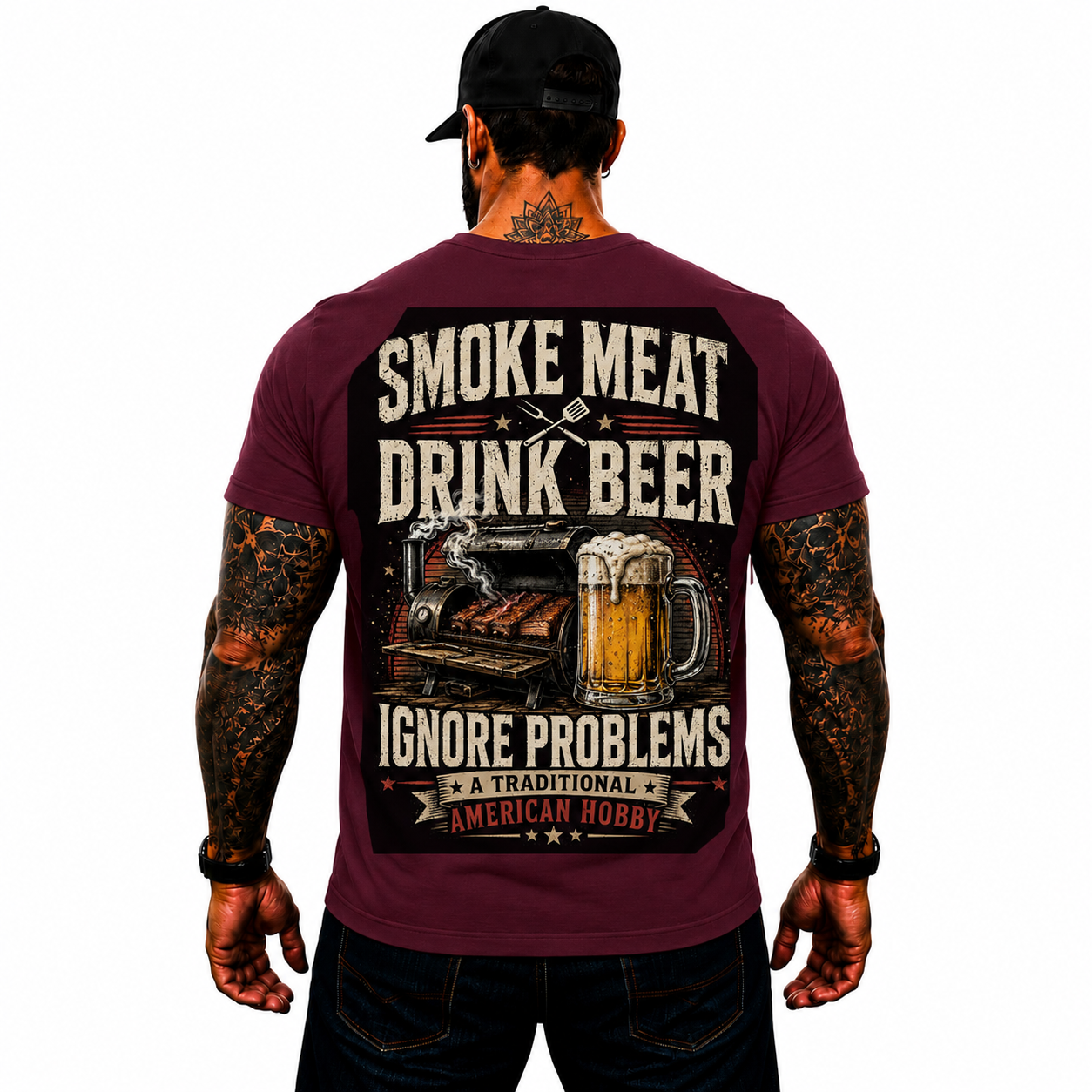Smoke Meat Drink Beer Ignore Problems Shirt Funny BBQ Graphic Tee Gift For Men