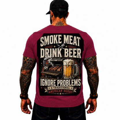 Smoke Meat Drink Beer Ignore Problems Shirt Funny BBQ Graphic Tee Gift For Men