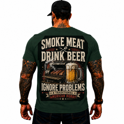 Smoke Meat Drink Beer Ignore Problems Shirt Funny BBQ Graphic Tee Gift For Men