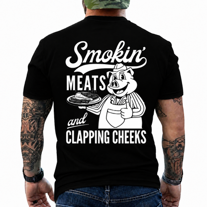 Smokin Meats Shirt Retro Cartoon Pig Grilling Graphic Tee Funny BBQ Gift For Men