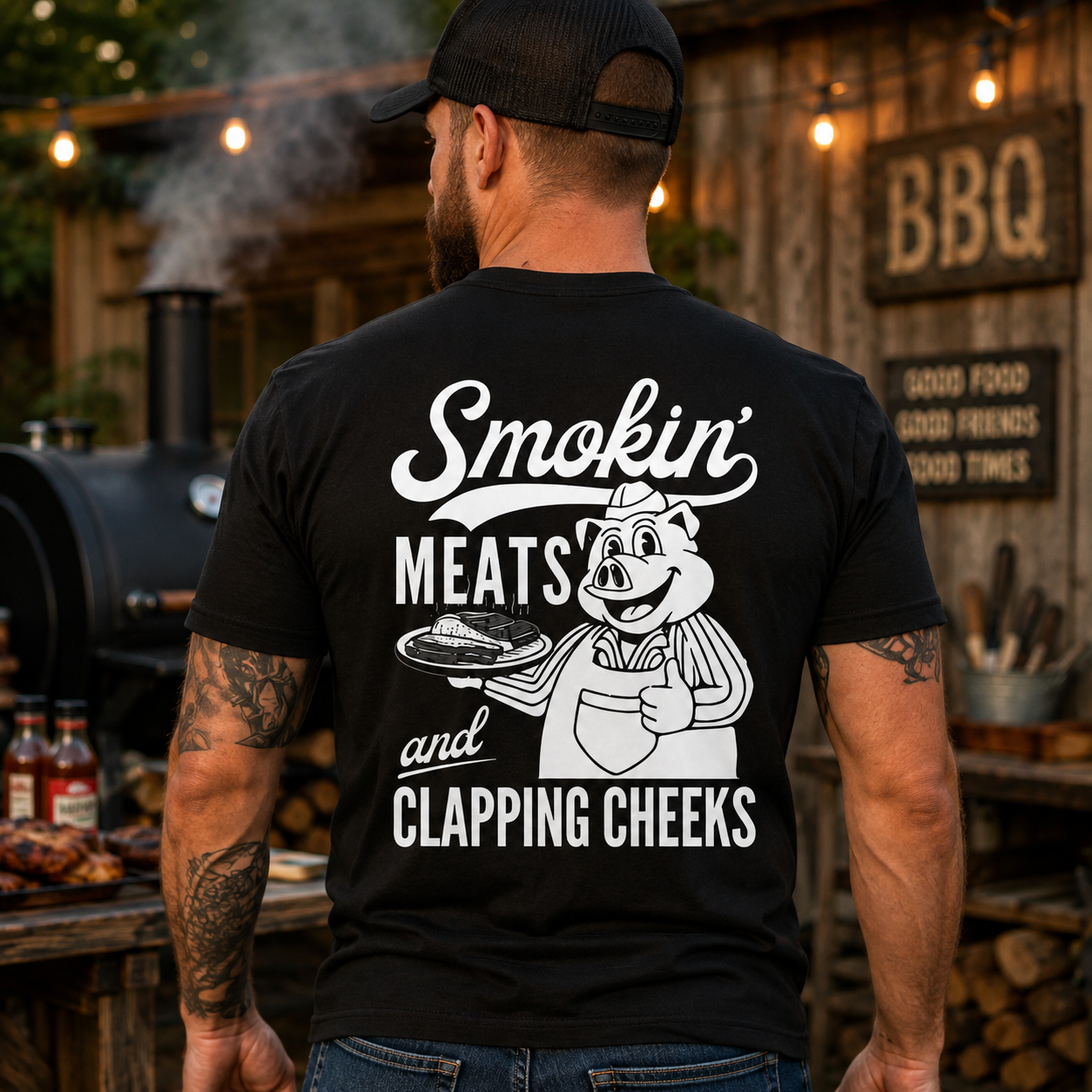 Smokin Meats Shirt Retro Cartoon Pig Grilling Graphic Tee Funny BBQ Gift For Men