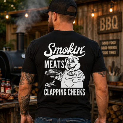 Smokin Meats Shirt Retro Cartoon Pig Grilling Graphic Tee Funny BBQ Gift For Men