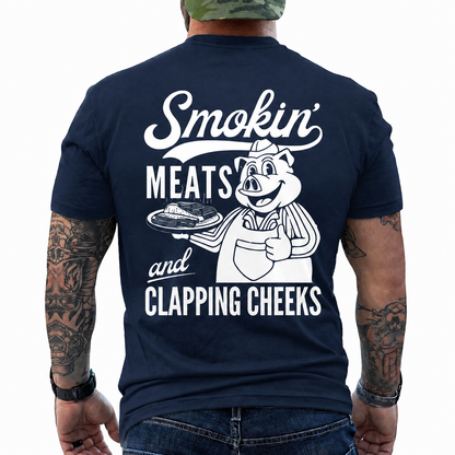 Smokin Meats Shirt Retro Cartoon Pig Grilling Graphic Tee Funny BBQ Gift For Men