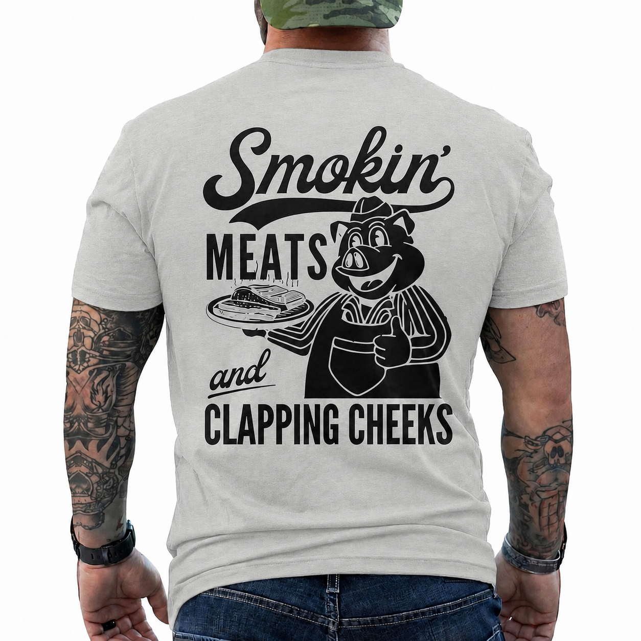 Smokin Meats Shirt Retro Cartoon Pig Grilling Graphic Tee Funny BBQ Gift For Men
