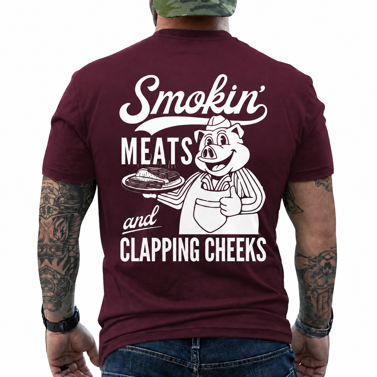 Smokin Meats Shirt Retro Cartoon Pig Grilling Graphic Tee Funny BBQ Gift For Men